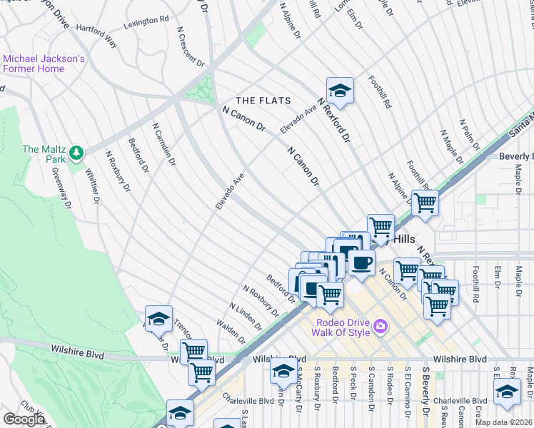 map of restaurants, bars, coffee shops, grocery stores, and more near 606 North Rodeo Drive in Beverly Hills