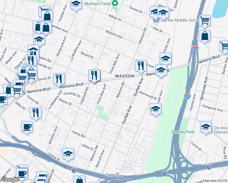 map of restaurants, bars, coffee shops, grocery stores, and more near 4025 Maxson Road in El Monte
