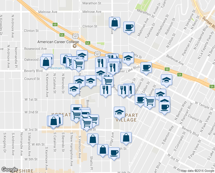 map of restaurants, bars, coffee shops, grocery stores, and more near 124 North Westmoreland Avenue in Los Angeles