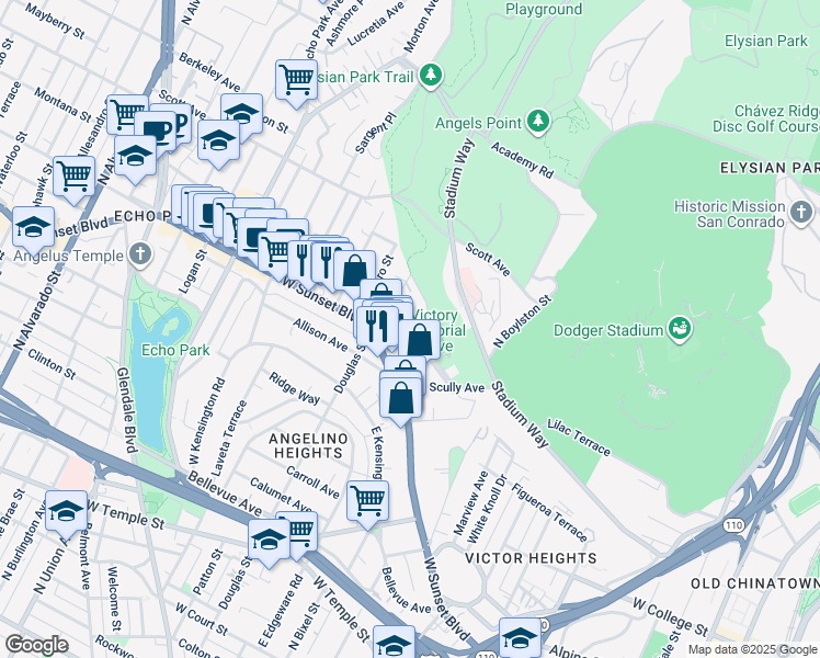map of restaurants, bars, coffee shops, grocery stores, and more near 1309 West Lilac Terrace in Los Angeles