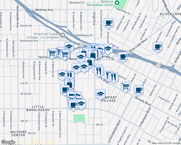 map of restaurants, bars, coffee shops, grocery stores, and more near 111 North Virgil Avenue in Los Angeles