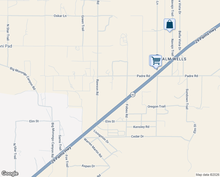 map of restaurants, bars, coffee shops, grocery stores, and more near Bardell Road in Morongo Valley