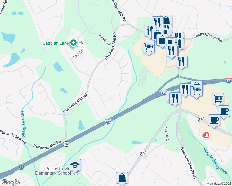 map of restaurants, bars, coffee shops, grocery stores, and more near 3250 Kylay Court Northeast in Buford