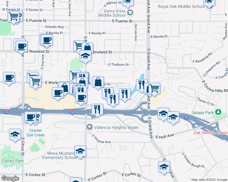 map of restaurants, bars, coffee shops, grocery stores, and more near 622 East Workman Street in Covina
