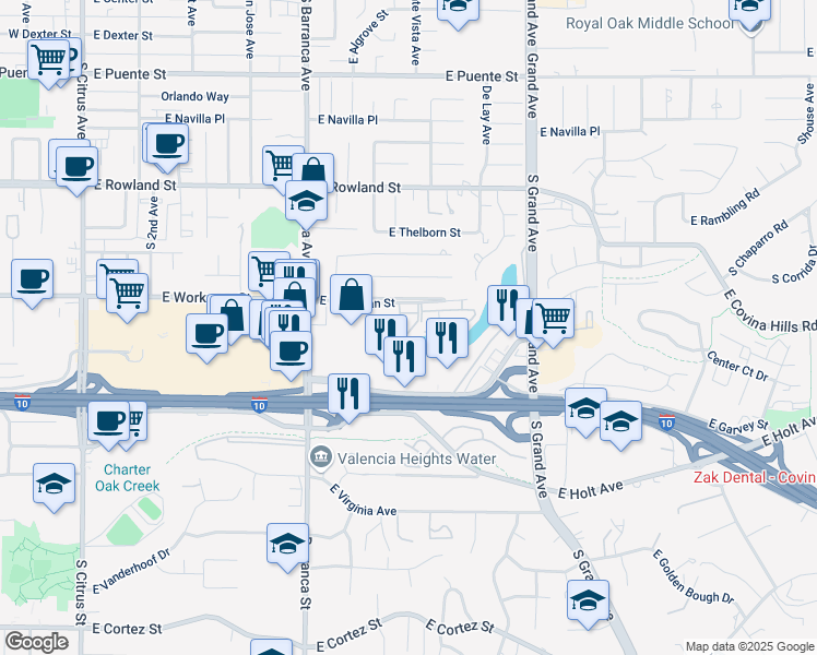 map of restaurants, bars, coffee shops, grocery stores, and more near 622 East Workman Street in Covina