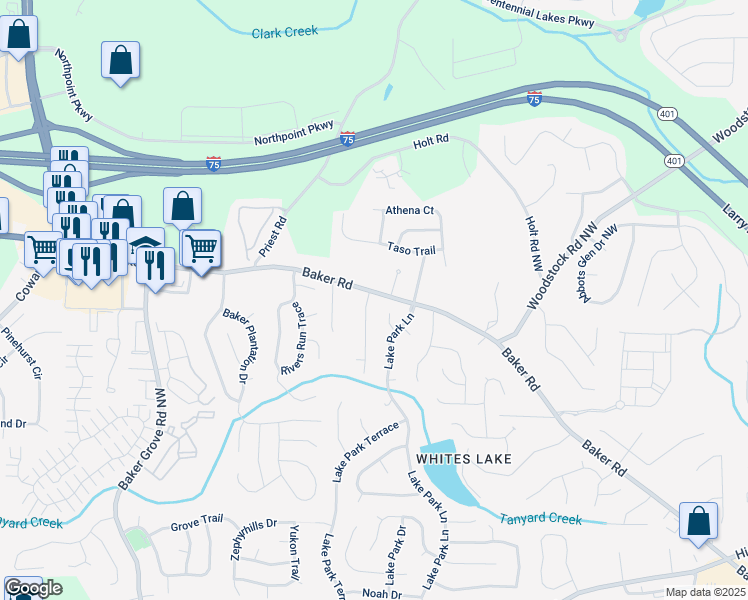 map of restaurants, bars, coffee shops, grocery stores, and more near 4832 Batiste Lane in Acworth