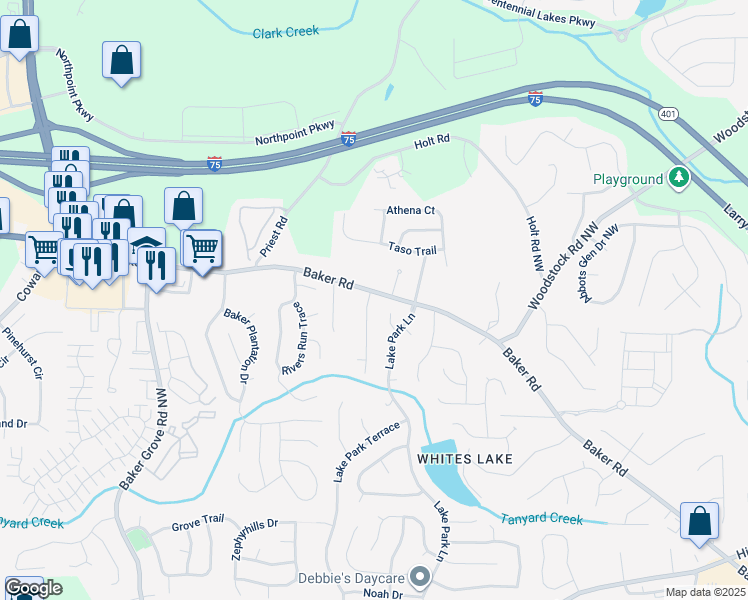 map of restaurants, bars, coffee shops, grocery stores, and more near 4832 Batiste Lane in Acworth