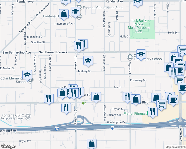 map of restaurants, bars, coffee shops, grocery stores, and more near 9875 Skyland Court in Fontana