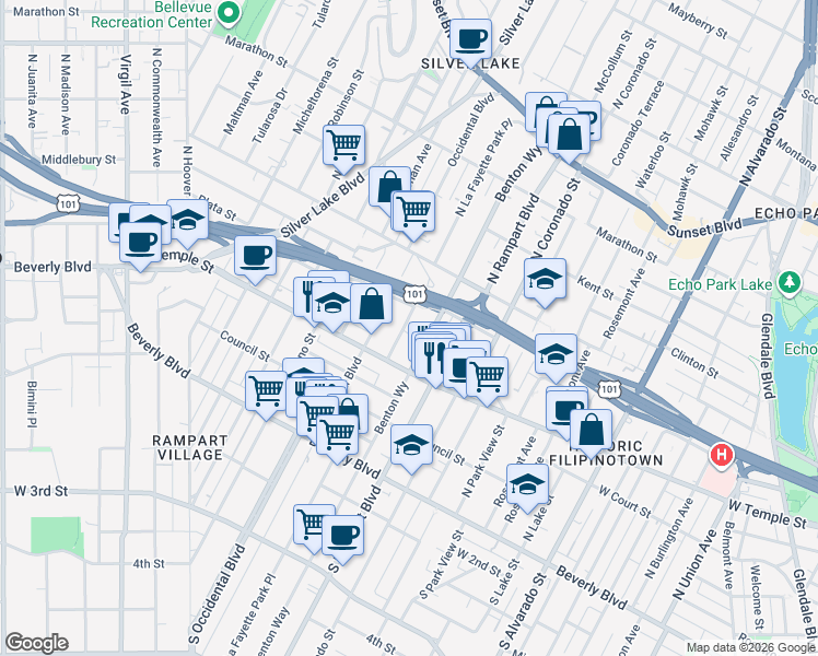 map of restaurants, bars, coffee shops, grocery stores, and more near 319 North La Fayette Park Place in Los Angeles