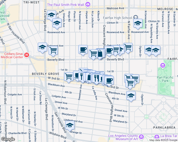 map of restaurants, bars, coffee shops, grocery stores, and more near 2 North Harper Avenue in Los Angeles