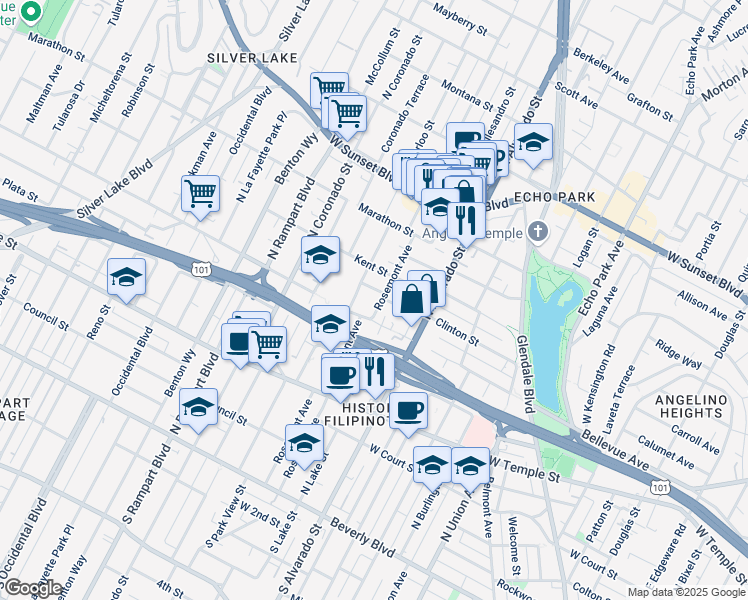 map of restaurants, bars, coffee shops, grocery stores, and more near 623 Rosemont Avenue in Los Angeles