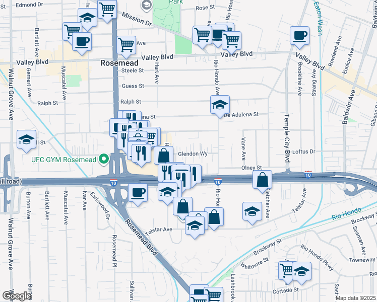 map of restaurants, bars, coffee shops, grocery stores, and more near 3604 Linda Lee Avenue in Rosemead