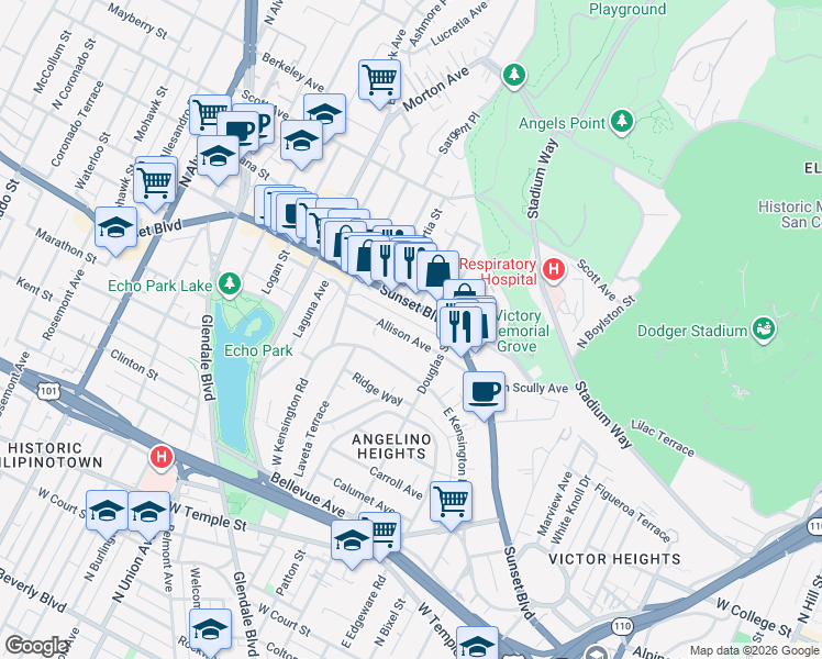 map of restaurants, bars, coffee shops, grocery stores, and more near 1443 Allison Avenue in Los Angeles