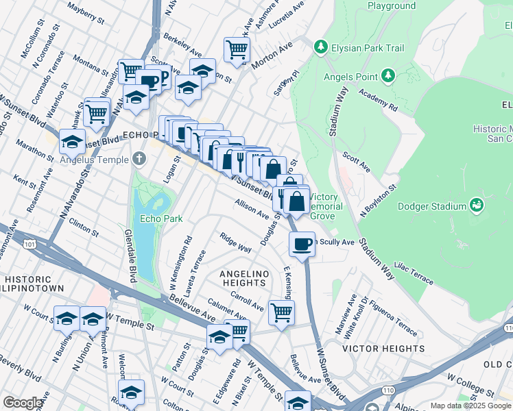 map of restaurants, bars, coffee shops, grocery stores, and more near 1440 Allison Avenue in Los Angeles