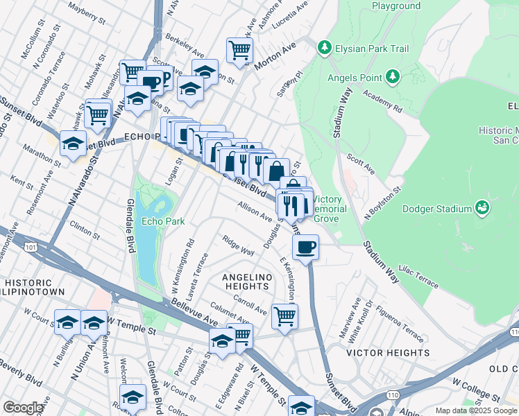 map of restaurants, bars, coffee shops, grocery stores, and more near 1443 Allison Avenue in Los Angeles
