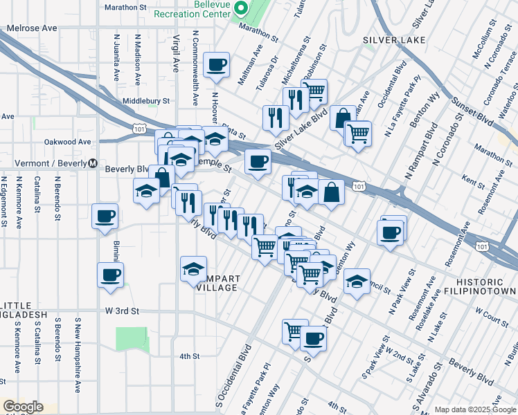 map of restaurants, bars, coffee shops, grocery stores, and more near 223 North Vendome Street in Los Angeles