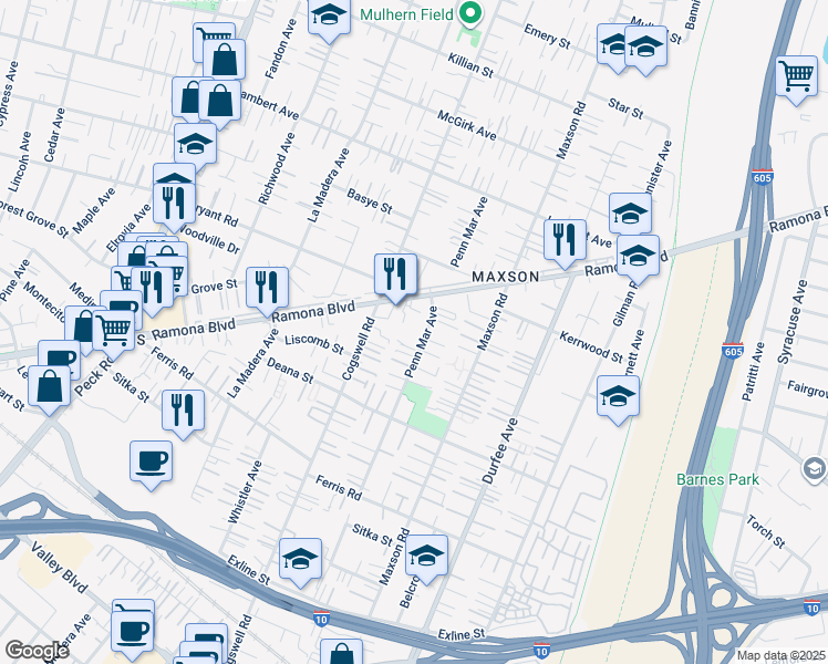 map of restaurants, bars, coffee shops, grocery stores, and more near 4003 Penn Mar Avenue in El Monte