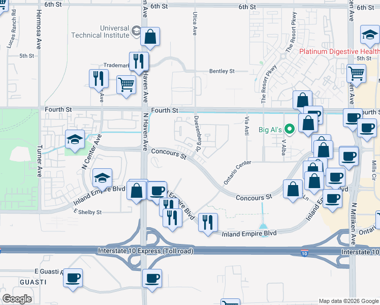 map of restaurants, bars, coffee shops, grocery stores, and more near 3562 Indigo Privado in Ontario