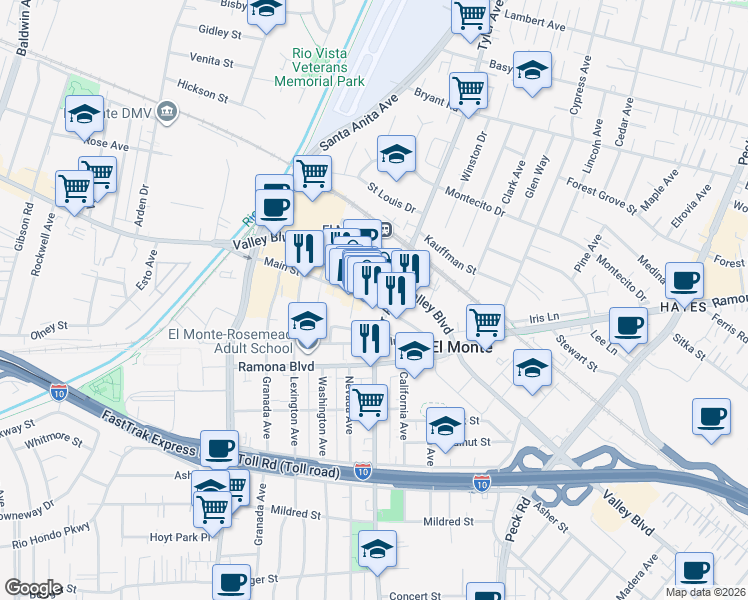map of restaurants, bars, coffee shops, grocery stores, and more near 10949 Main Street in El Monte