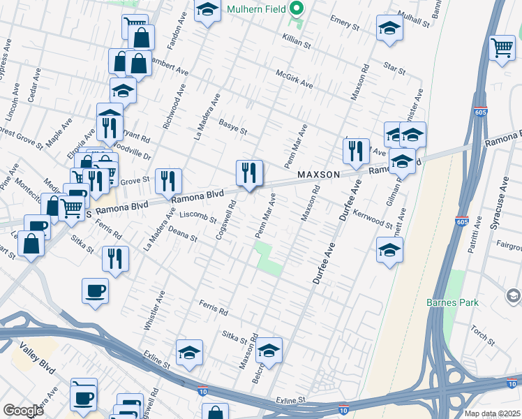 map of restaurants, bars, coffee shops, grocery stores, and more near 4003 Penn Mar Avenue in El Monte