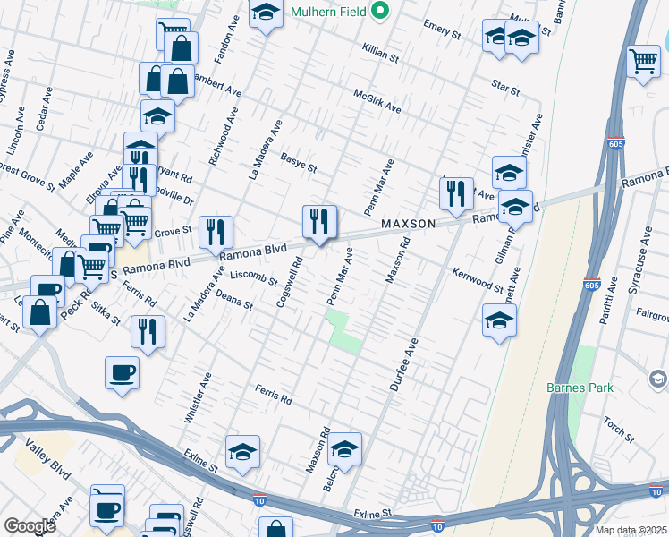 map of restaurants, bars, coffee shops, grocery stores, and more near 3940 Penn Mar Avenue in El Monte