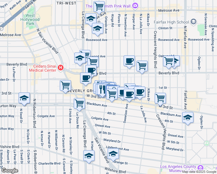 map of restaurants, bars, coffee shops, grocery stores, and more near 100 South Orlando Avenue in West Hollywood