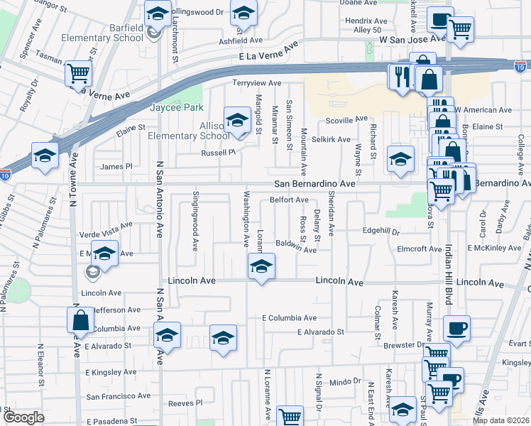 map of restaurants, bars, coffee shops, grocery stores, and more near 1548 Loranne Avenue in Pomona