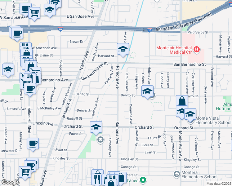 map of restaurants, bars, coffee shops, grocery stores, and more near 4465 Benito Street in Montclair