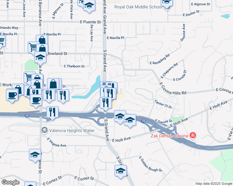 map of restaurants, bars, coffee shops, grocery stores, and more near 200 North Grand Avenue in West Covina