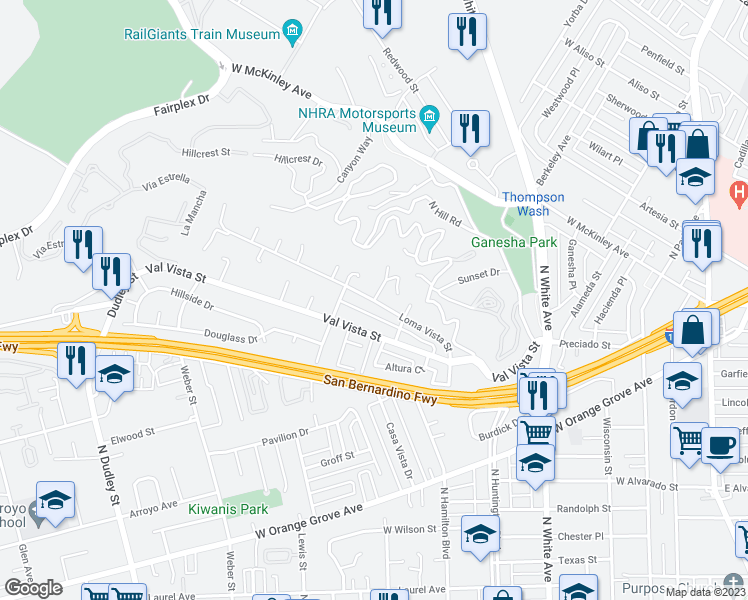 map of restaurants, bars, coffee shops, grocery stores, and more near 1119 Entre Colinas Place in Pomona
