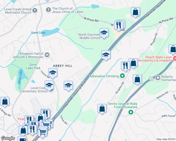 map of restaurants, bars, coffee shops, grocery stores, and more near 4220 Hadley Park Road in Sugar Hill