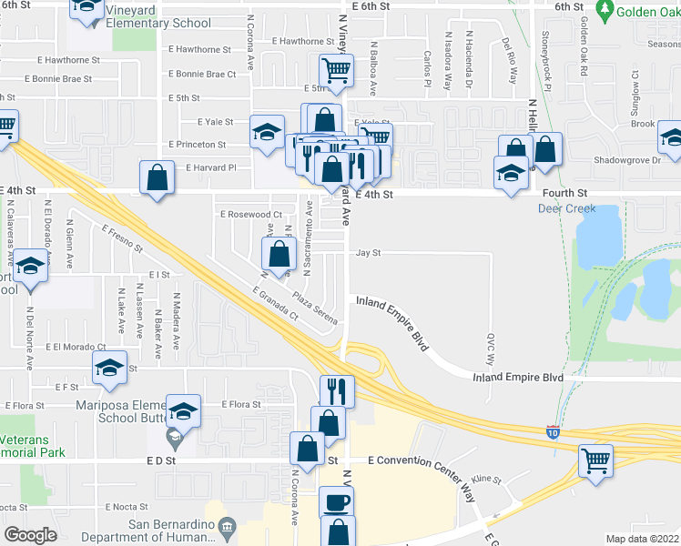 map of restaurants, bars, coffee shops, grocery stores, and more near 852 North San Diego Avenue in Ontario