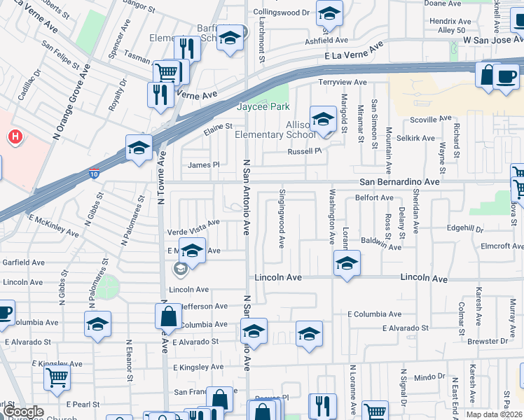 map of restaurants, bars, coffee shops, grocery stores, and more near 1530 North San Antonio Avenue in Pomona