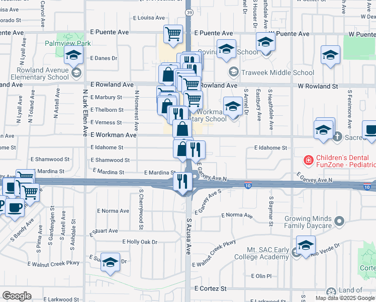 map of restaurants, bars, coffee shops, grocery stores, and more near 215 North Azusa Avenue in West Covina