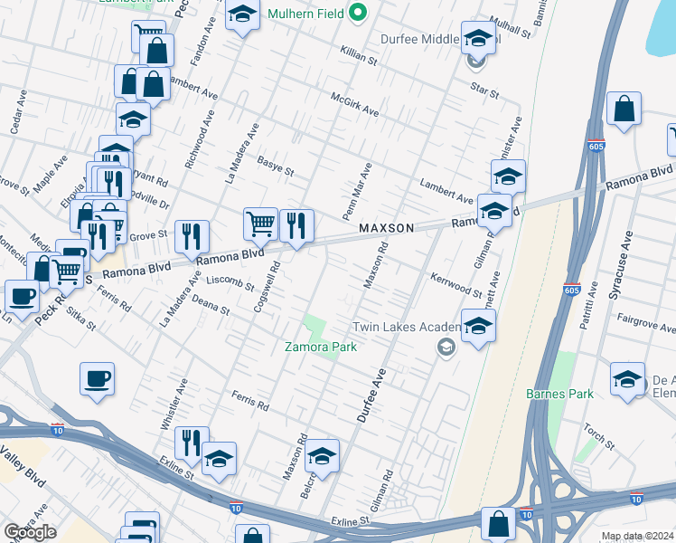 map of restaurants, bars, coffee shops, grocery stores, and more near 4009 1/2 Maxson Road in El Monte