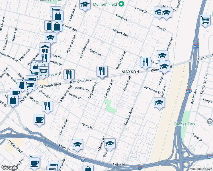 map of restaurants, bars, coffee shops, grocery stores, and more near 3940 Penn Mar Avenue in El Monte