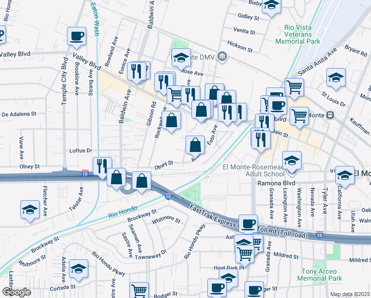 map of restaurants, bars, coffee shops, grocery stores, and more near 10218 Roxie Street in El Monte