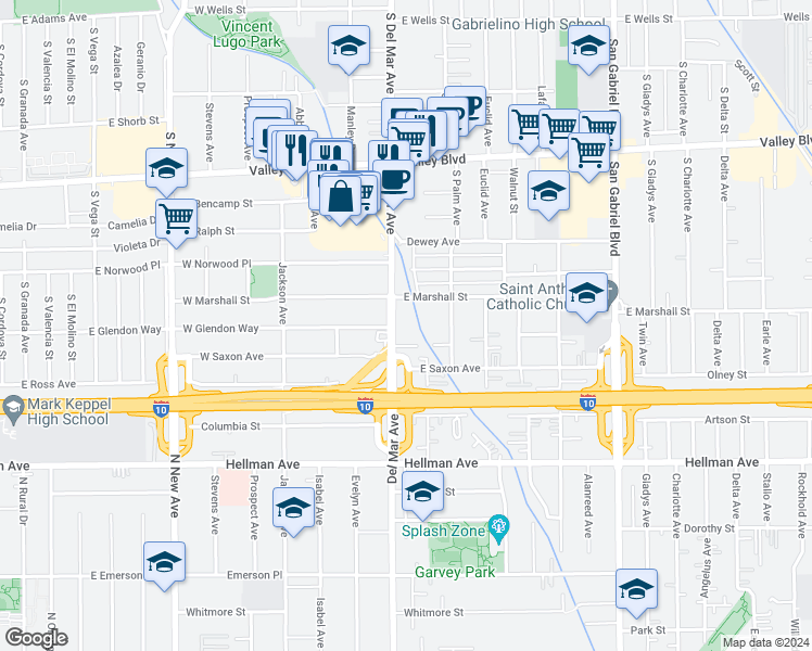 map of restaurants, bars, coffee shops, grocery stores, and more near 1950 South Del Mar Avenue in San Gabriel