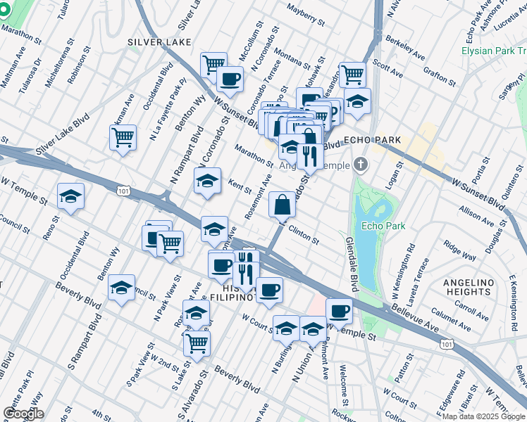 map of restaurants, bars, coffee shops, grocery stores, and more near 2146 Clinton Street in Los Angeles