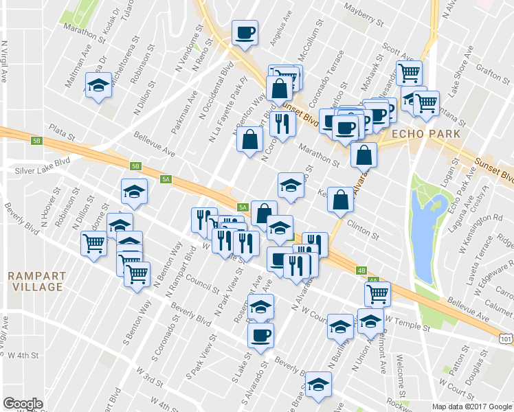 map of restaurants, bars, coffee shops, grocery stores, and more near 2416 Bellevue Avenue in Los Angeles