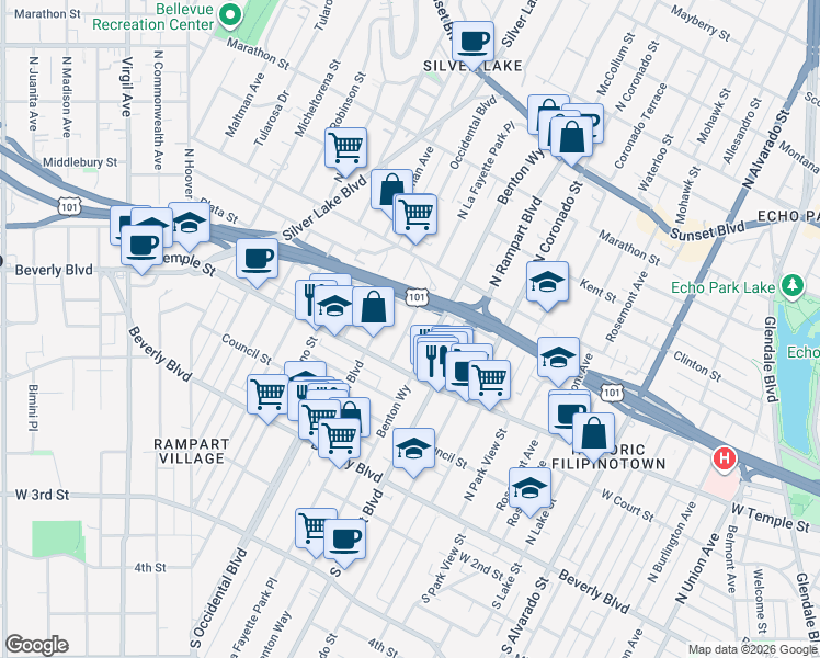 map of restaurants, bars, coffee shops, grocery stores, and more near 319 North La Fayette Park Place in Los Angeles