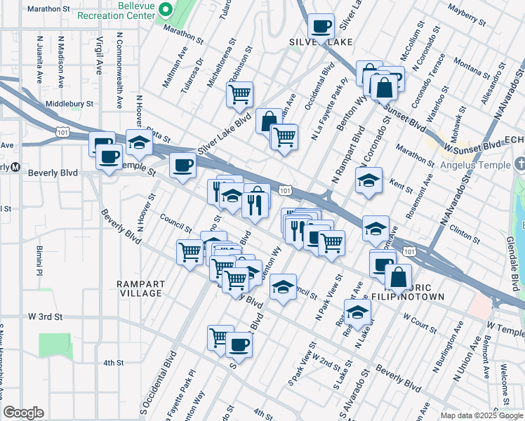 map of restaurants, bars, coffee shops, grocery stores, and more near 319 North La Fayette Park Place in Los Angeles
