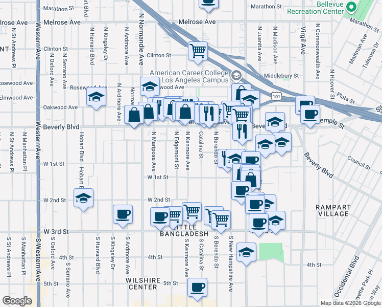 map of restaurants, bars, coffee shops, grocery stores, and more near 139 Catalina Street in Los Angeles