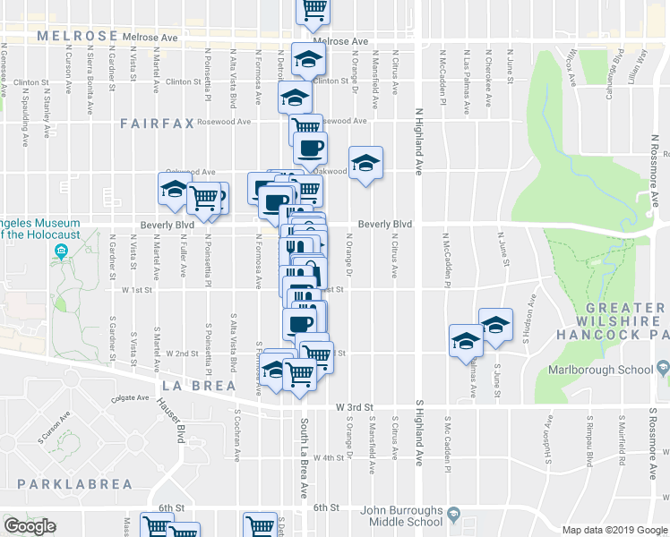 map of restaurants, bars, coffee shops, grocery stores, and more near 114 1/2 North Sycamore Avenue in Los Angeles