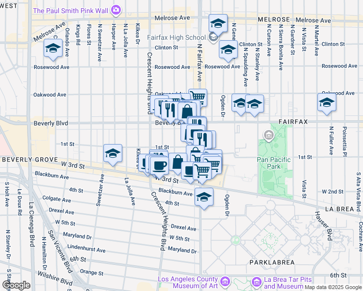 map of restaurants, bars, coffee shops, grocery stores, and more near 104 South Edinburgh Avenue in Los Angeles