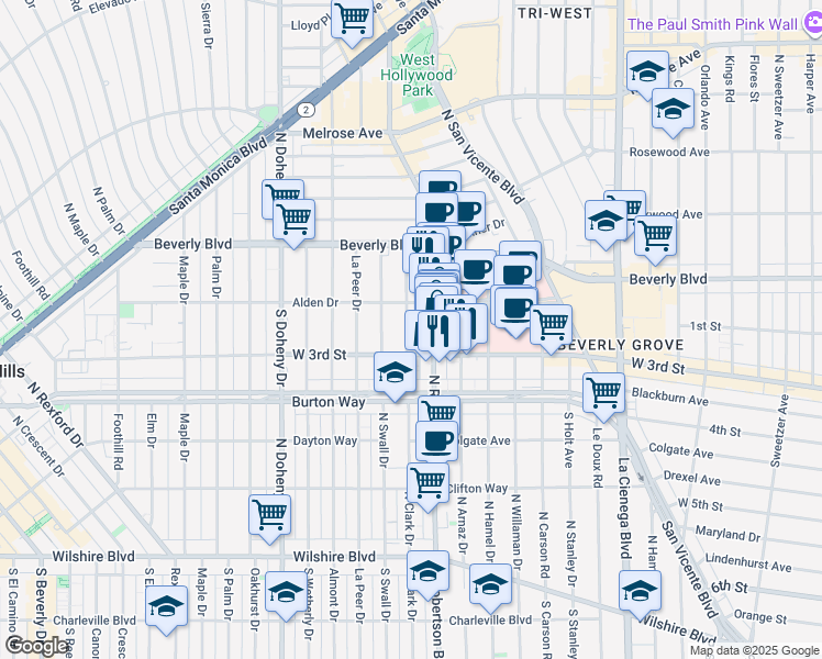 map of restaurants, bars, coffee shops, grocery stores, and more near 142 South Clark Drive in West Hollywood