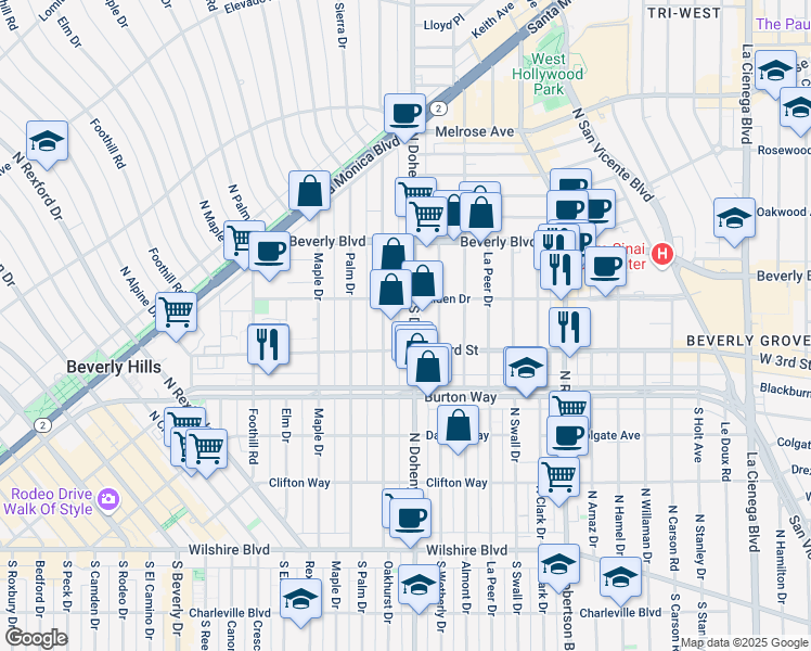 map of restaurants, bars, coffee shops, grocery stores, and more near 336 North Oakhurst Drive in Beverly Hills