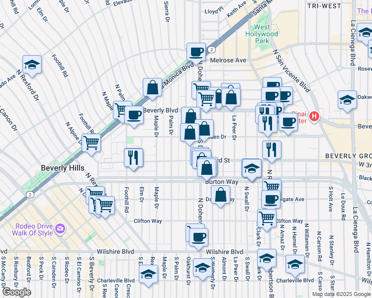 map of restaurants, bars, coffee shops, grocery stores, and more near 336 North Oakhurst Drive in Beverly Hills