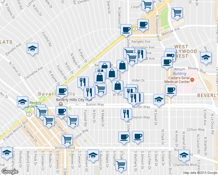 map of restaurants, bars, coffee shops, grocery stores, and more near 332 North Palm Drive in Beverly Hills