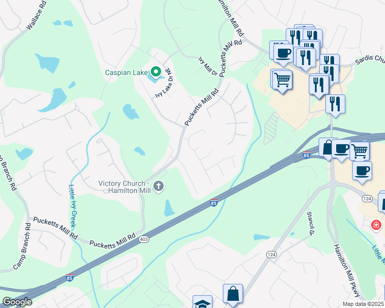 map of restaurants, bars, coffee shops, grocery stores, and more near 2710 General Lee Way Northeast in Buford